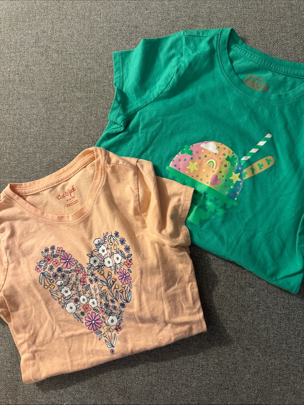 5/$15-Cat & Jack Peach Floral Heart Tee and Green Ice Cream Graphic Short-Sleeve
